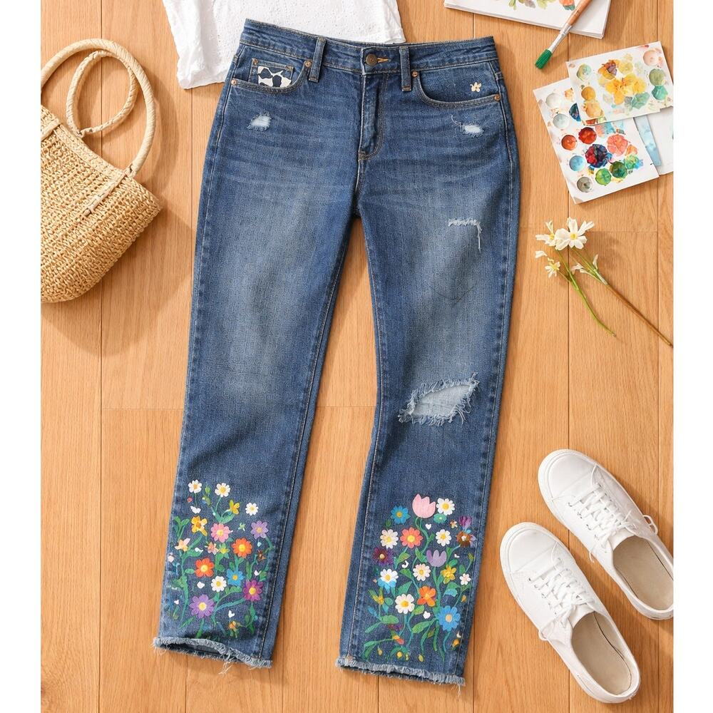 Cottagecore Painted High Rise 00 26" Straight Crop Distressed Jeans Hippie